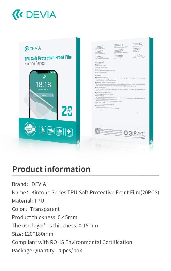Film avant de protection souple intelligent en TPU série Kintone (50 pièces)